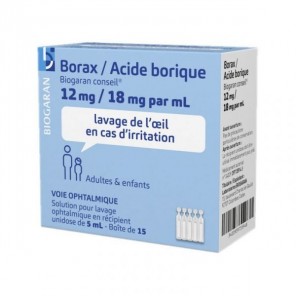 Biogaran borax/acide borique lavage de l'oeil 15 unidoses x 5ml